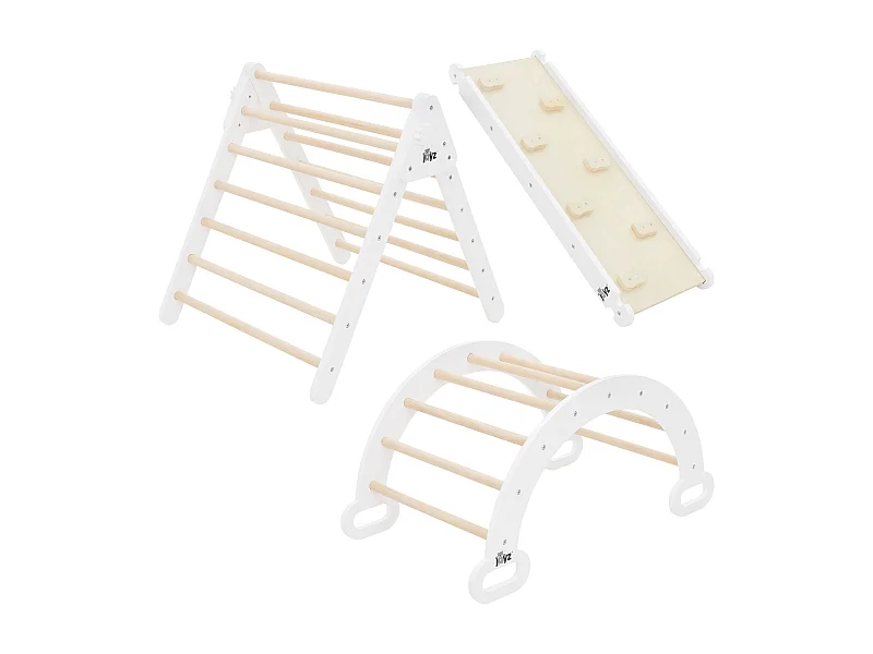 Set de escalada de madera blanca Montessori: arco + tobogán + triángulo de escalada