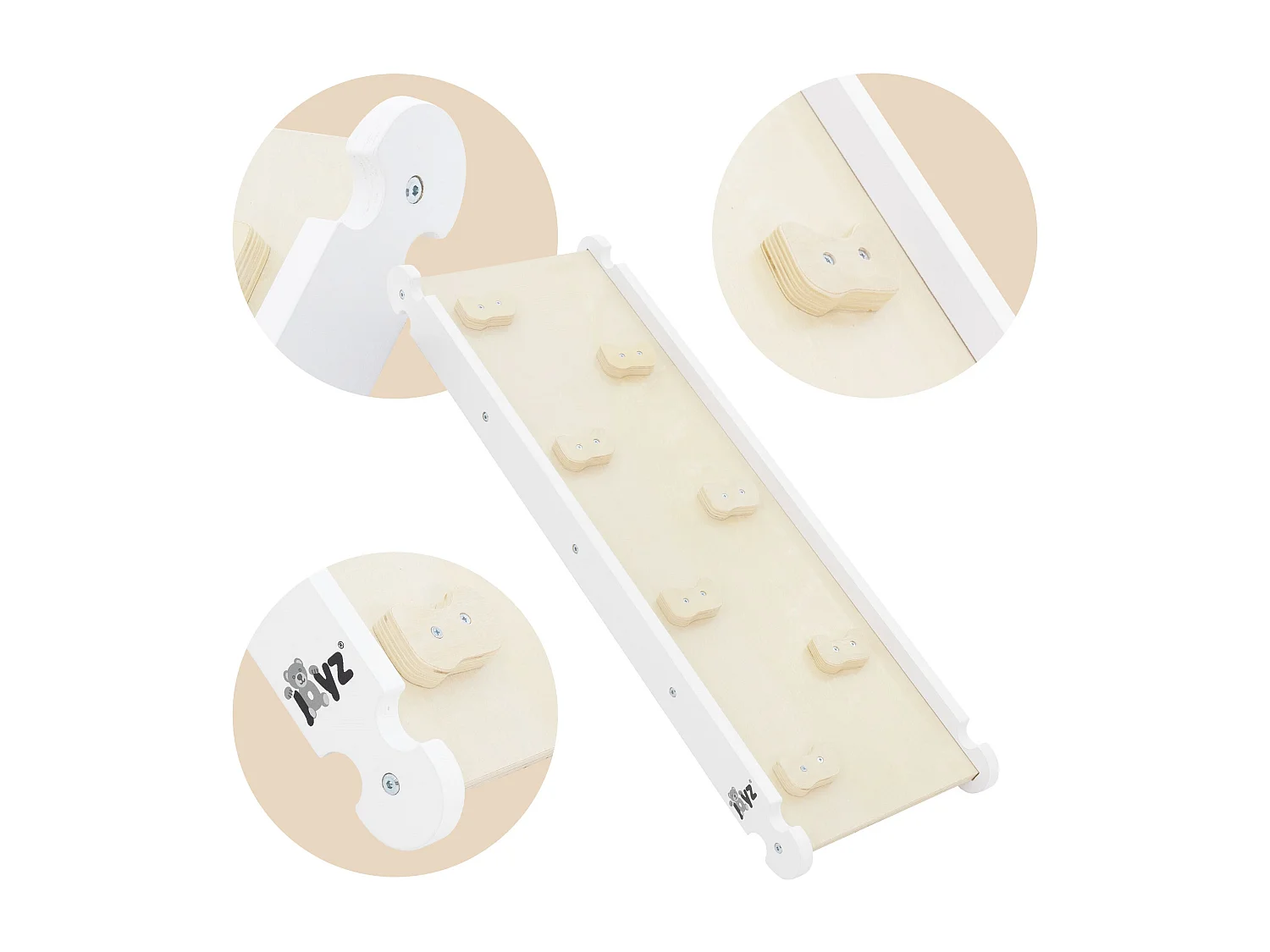 Set de escalada de madera blanca Montessori: arco + tobogán + triángulo de escalada