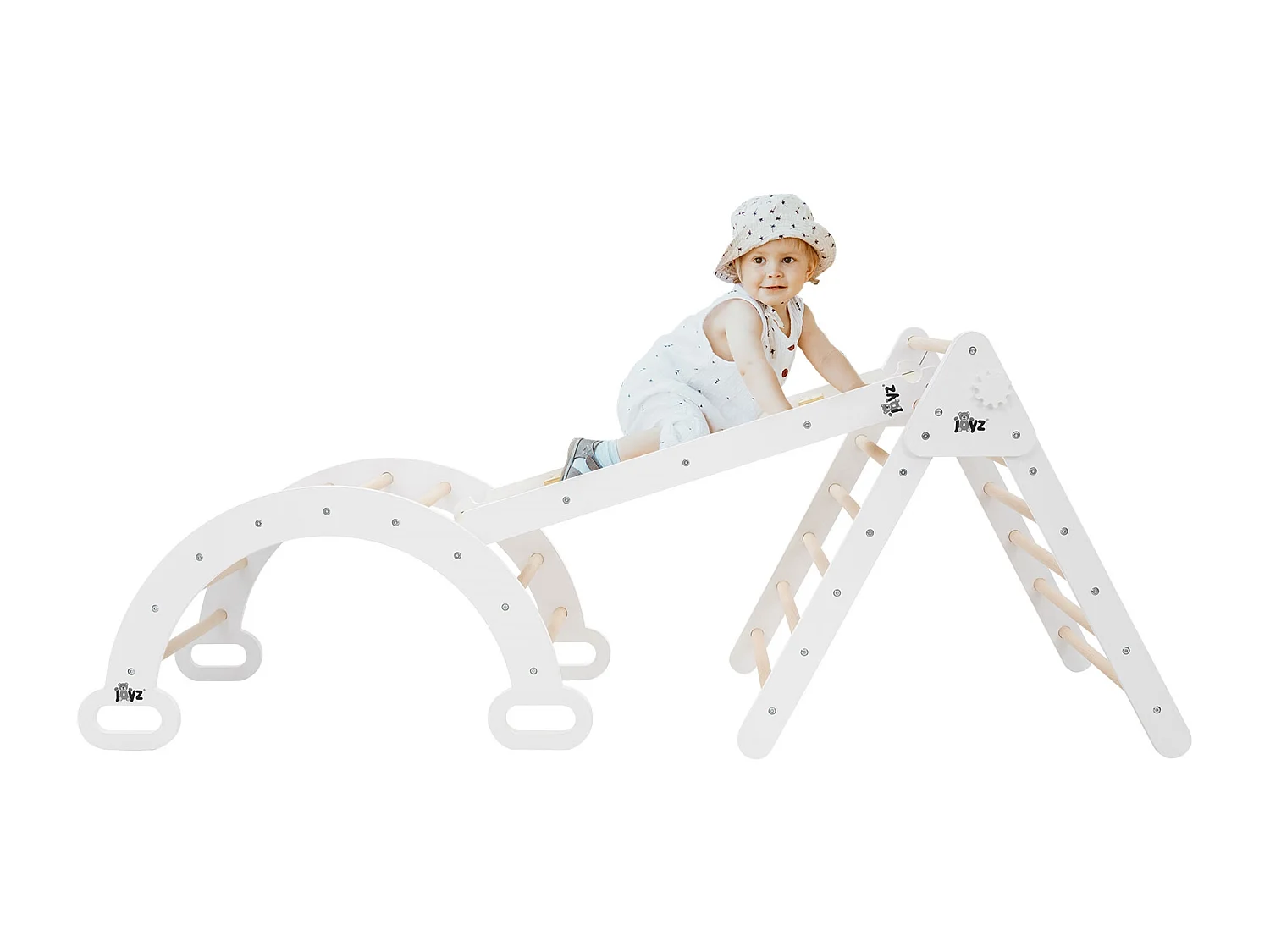 Set de escalada de madera blanca Montessori: arco + tobogán + triángulo de escalada