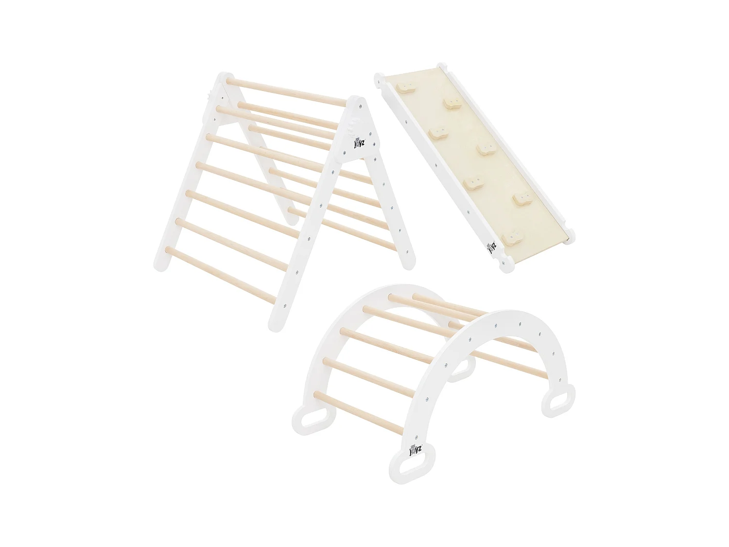 Set à grimper Montessori bois blanc: arche + planche glisse + triangle à grimper