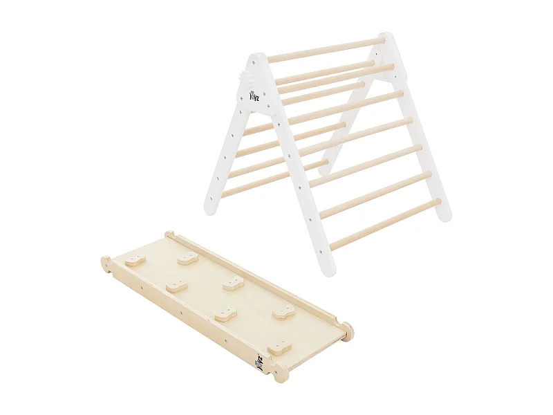 Tobogán de madera natural/blanca para escalada en forma de triángulo para niños