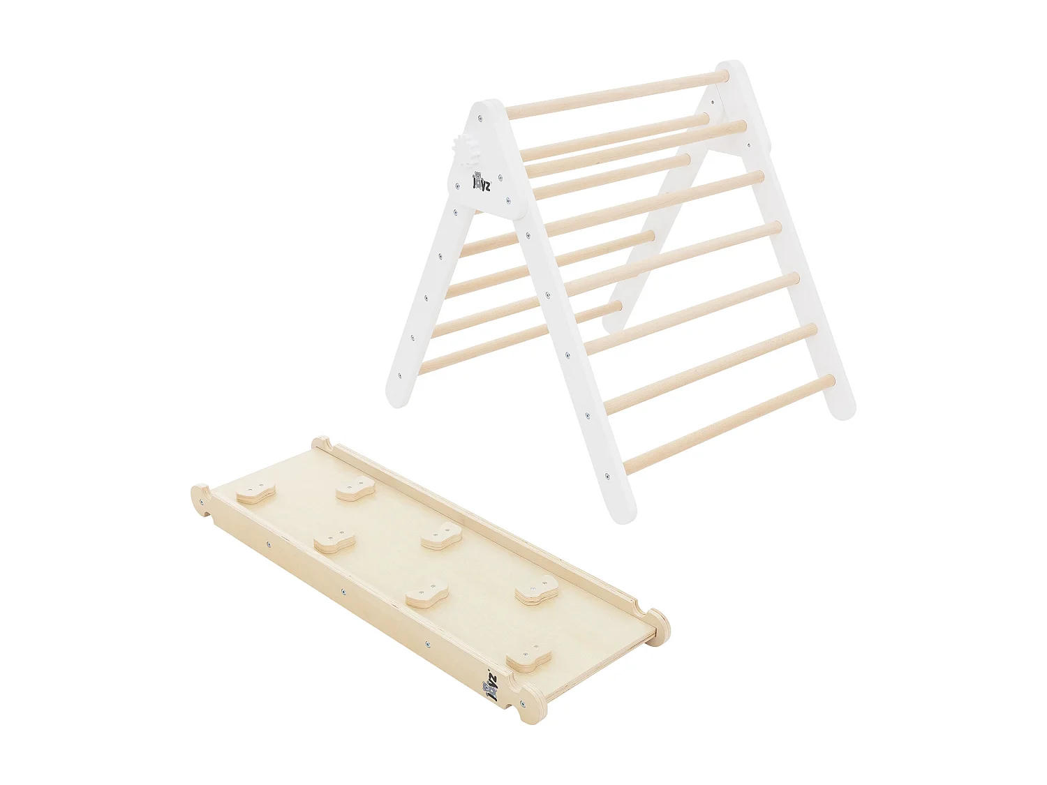 Tobogán de madera natural/blanca para escalada en forma de triángulo para niños