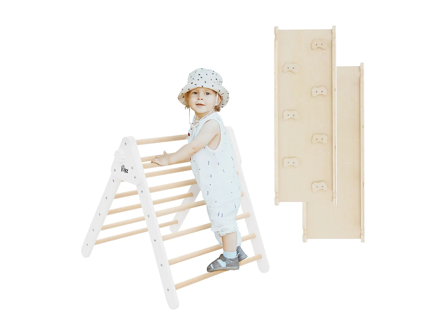Tobogán de madera natural/blanca para escalada en forma de triángulo para niños