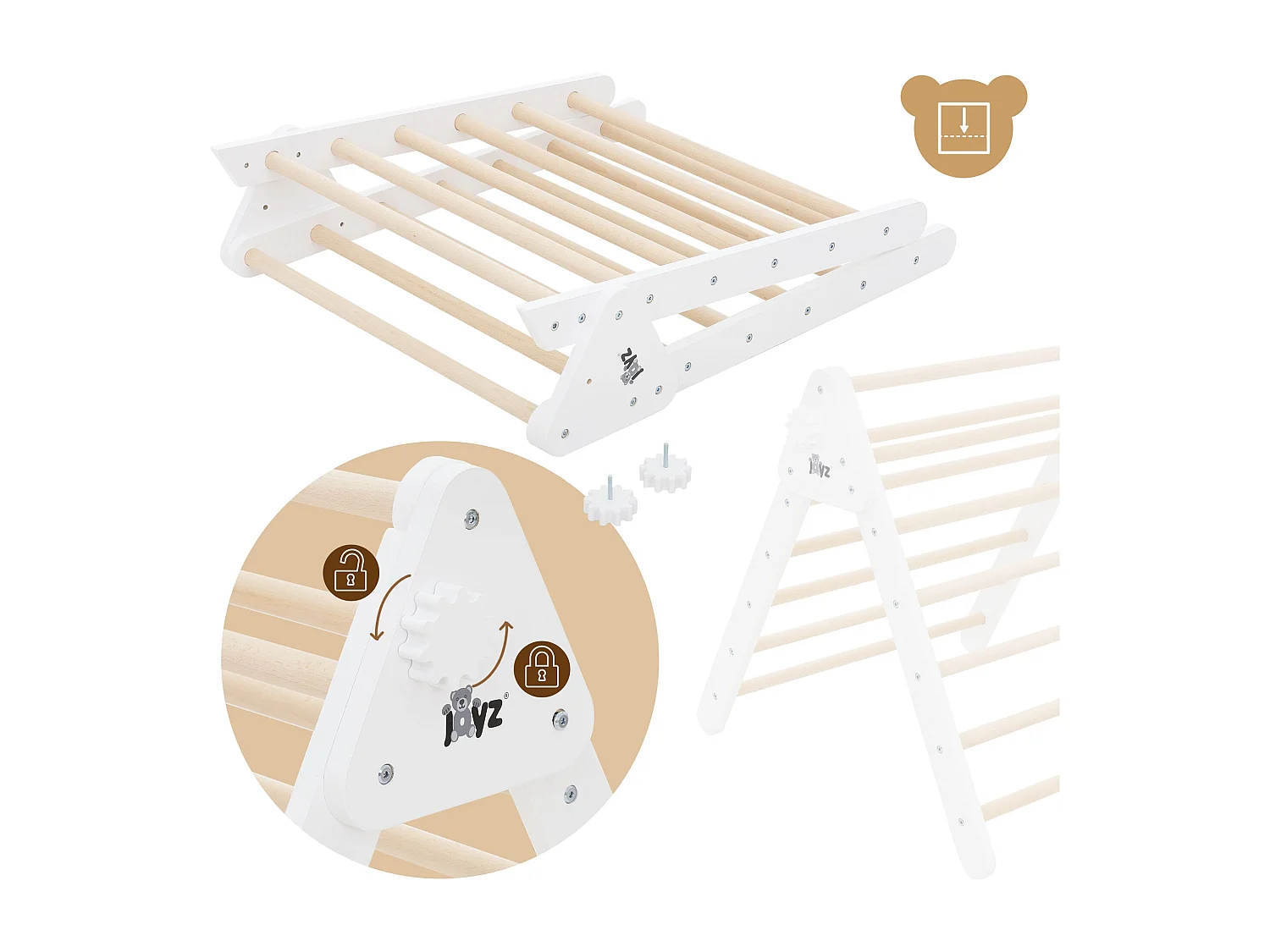 Tobogán de madera natural/blanca para escalada en forma de triángulo para niños