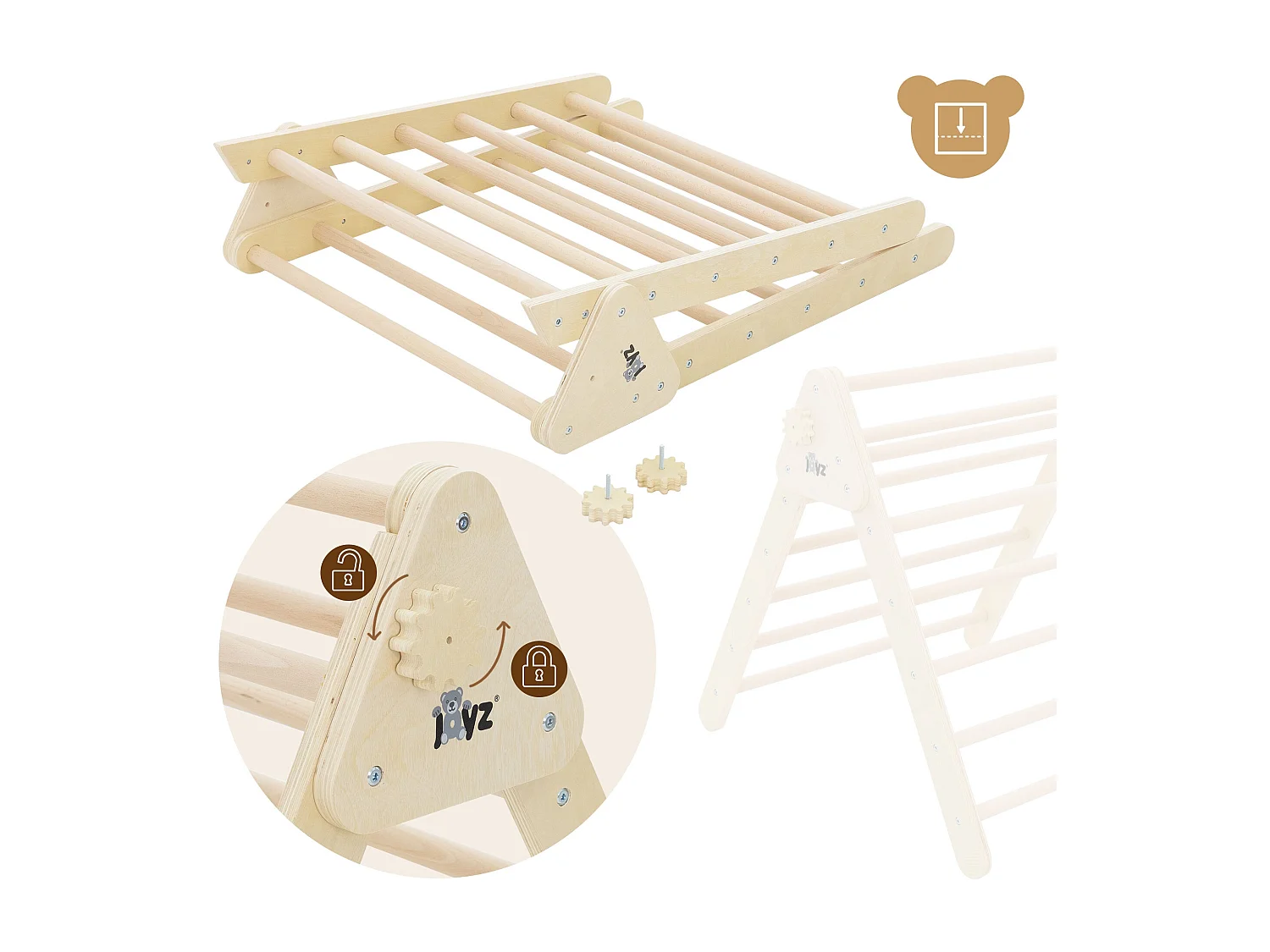 Tobogán de madera natural para niños Pikler + Triángulo de escalada