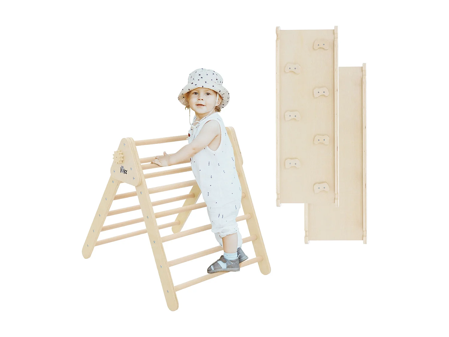 Tobogán de madera natural para niños Pikler + Triángulo de escalada