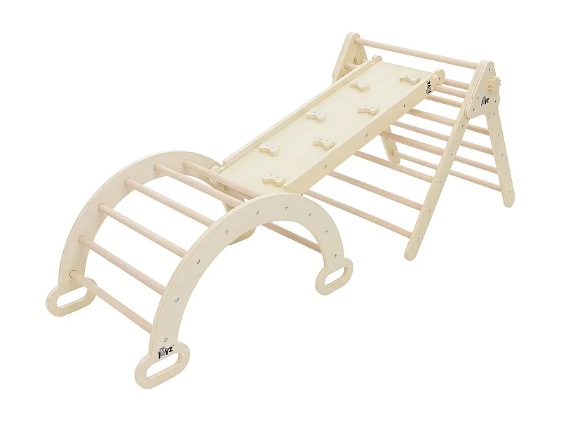 Triángulo de escalada + tobogán + arco de escalada en madera natural Juguete Montessori