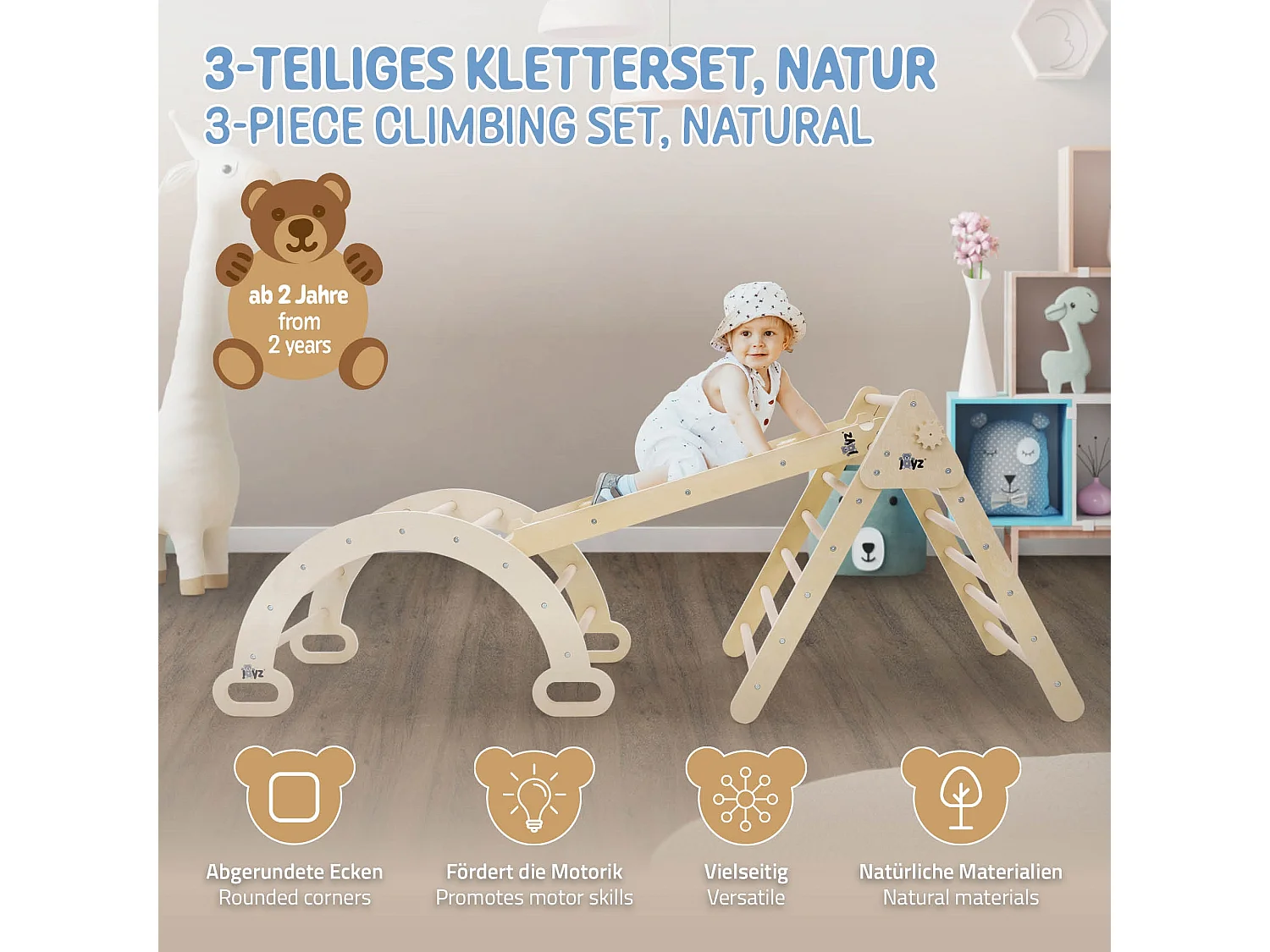 Triángulo de escalada + tobogán + arco de escalada en madera natural Juguete Montessori