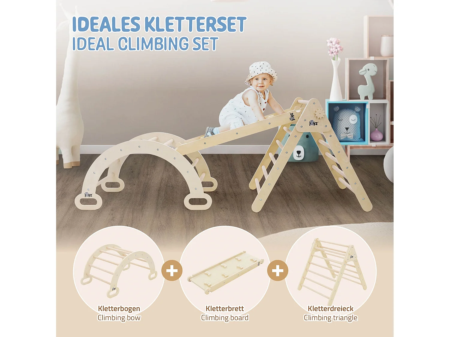 Triángulo de escalada + tobogán + arco de escalada en madera natural Juguete Montessori