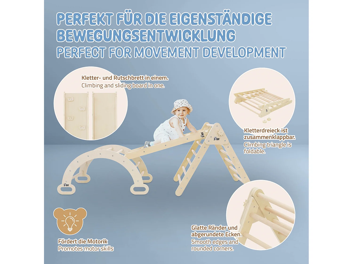Triángulo de escalada + tobogán + arco de escalada en madera natural Juguete Montessori