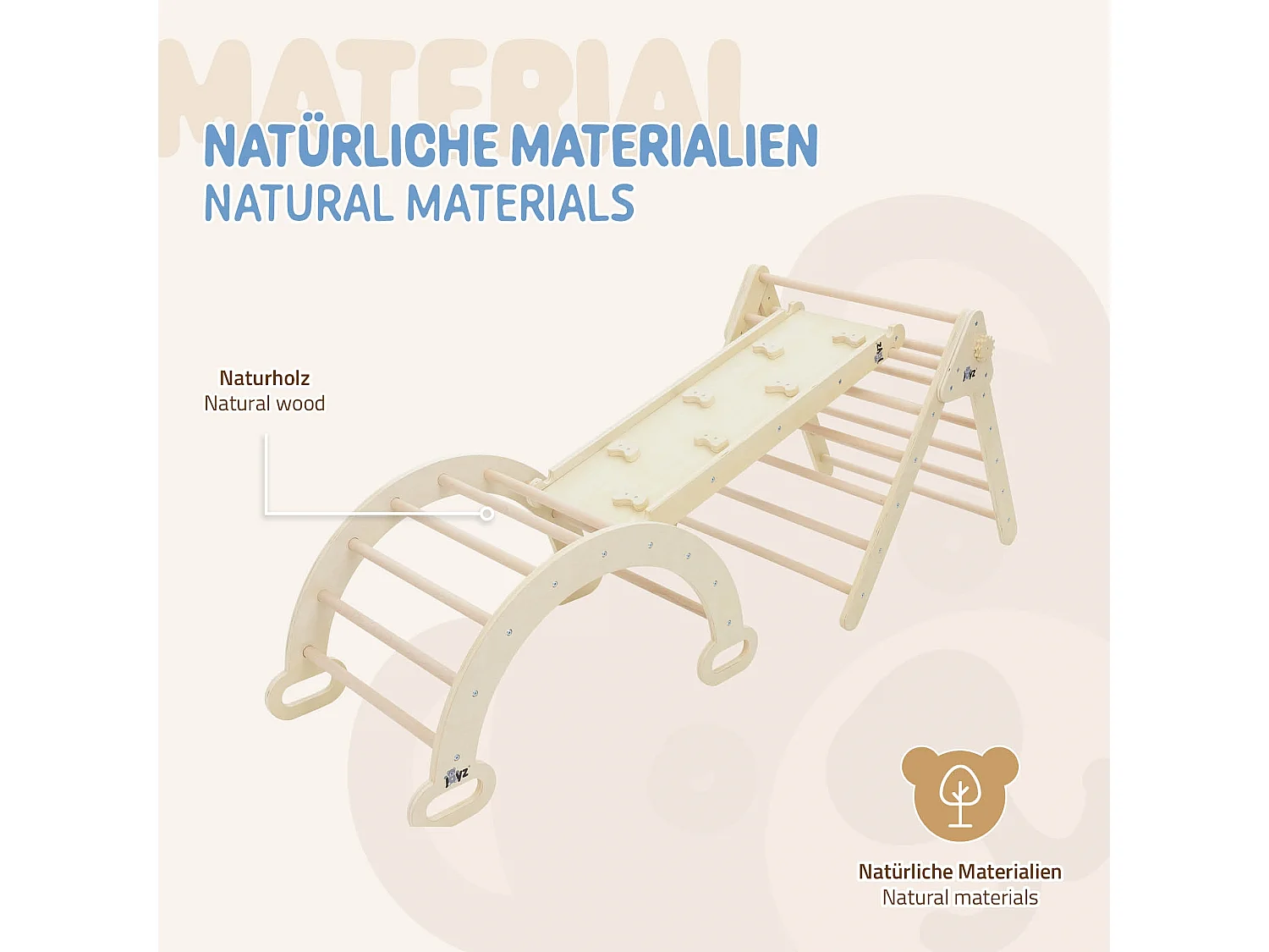 Triángulo de escalada + tobogán + arco de escalada en madera natural Juguete Montessori