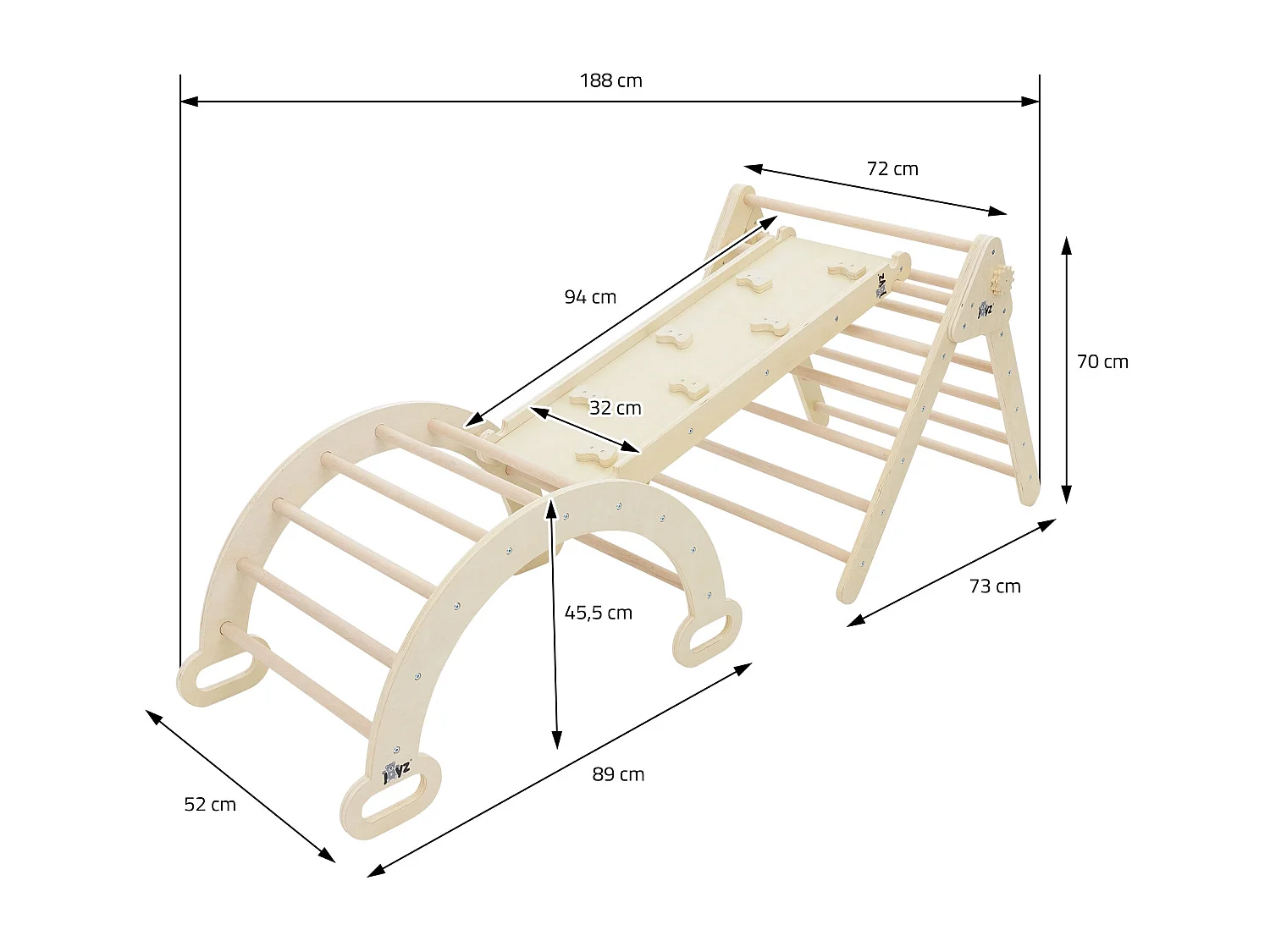 Triángulo de escalada + tobogán + arco de escalada en madera natural Juguete Montessori