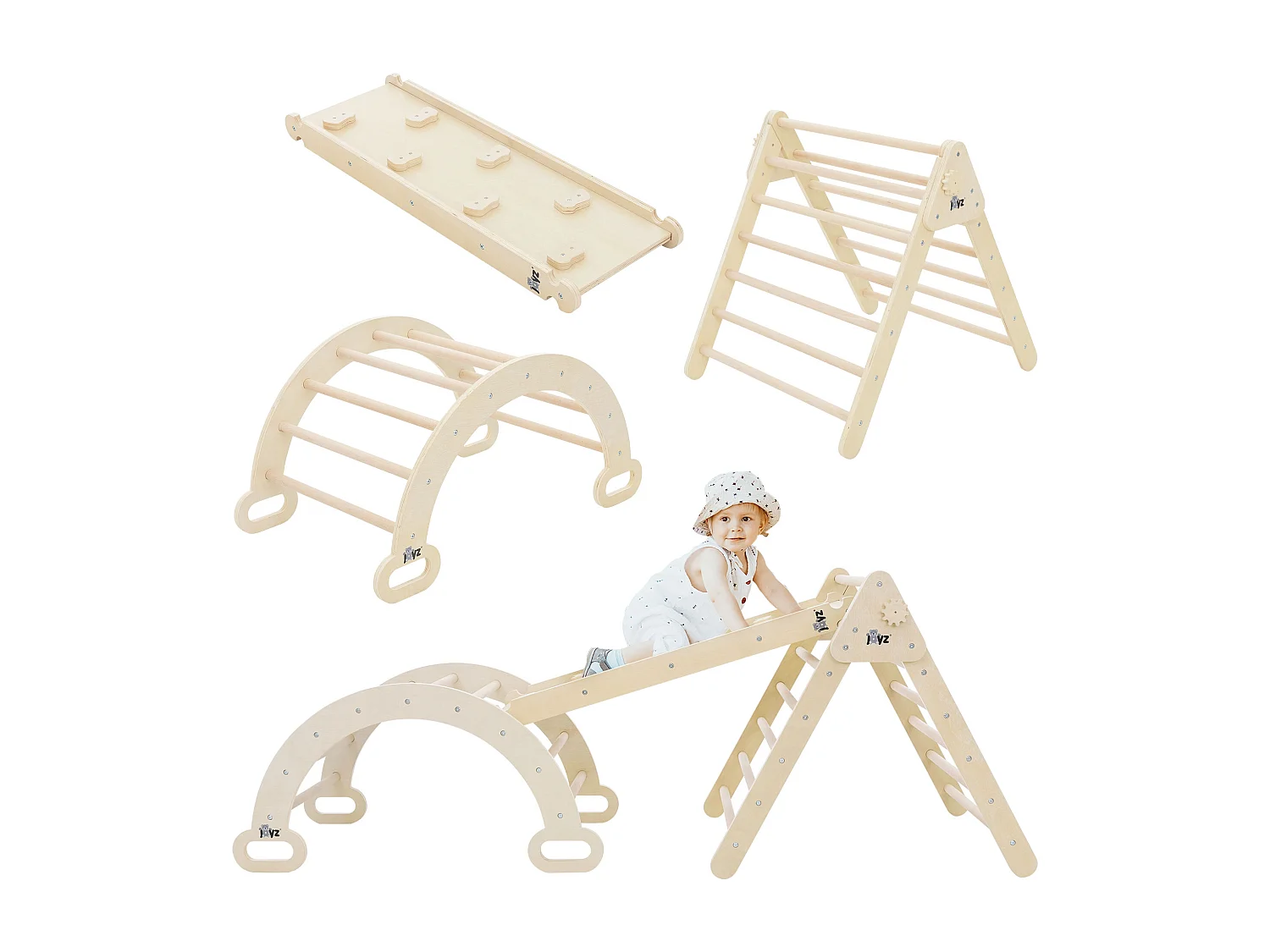 Triángulo de escalada + tobogán + arco de escalada en madera natural Juguete Montessori
