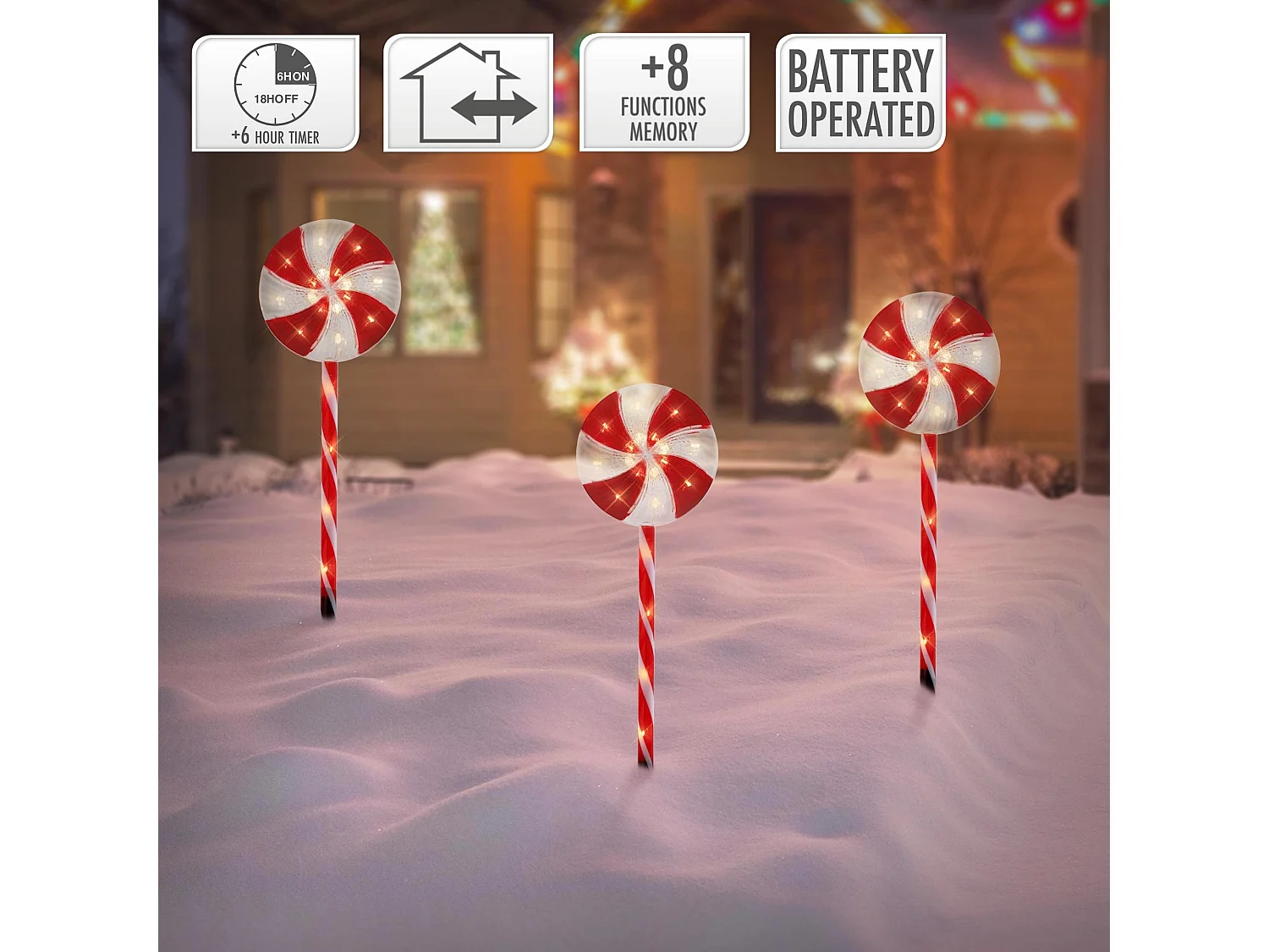 3 Piruletas navideñas luz LED 3m decorativas con temporizador función a pilas