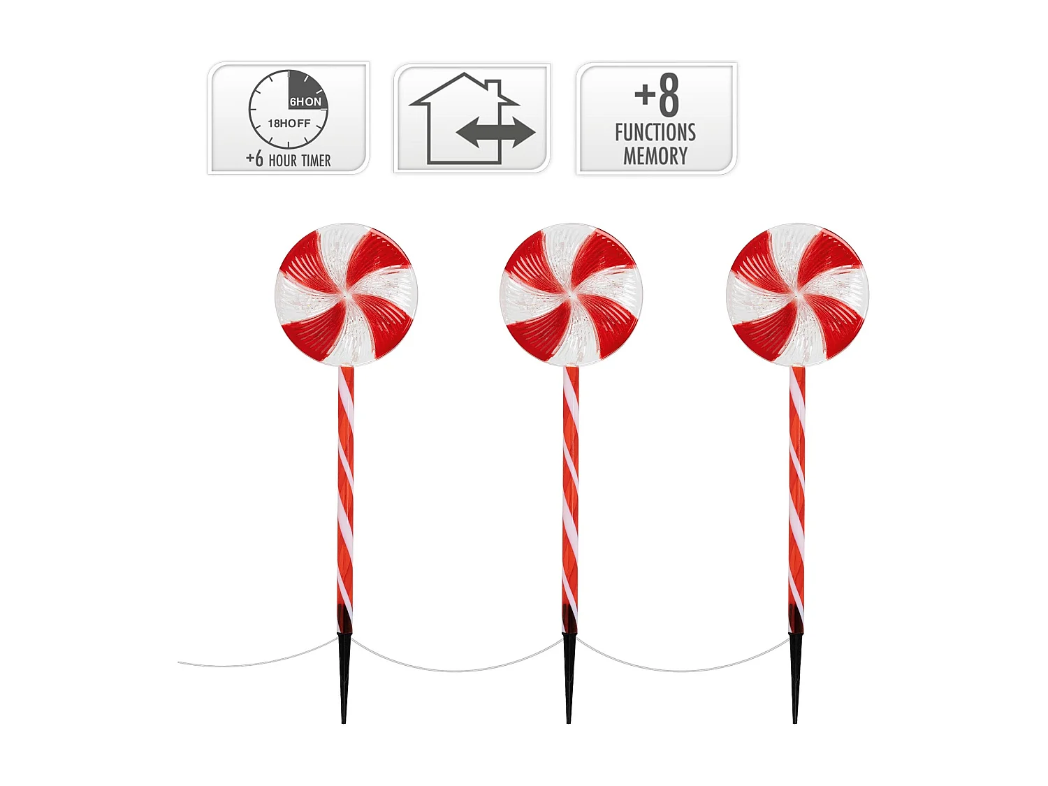 3 Piruletas navideñas luz LED 3m decorativas con temporizador función a pilas