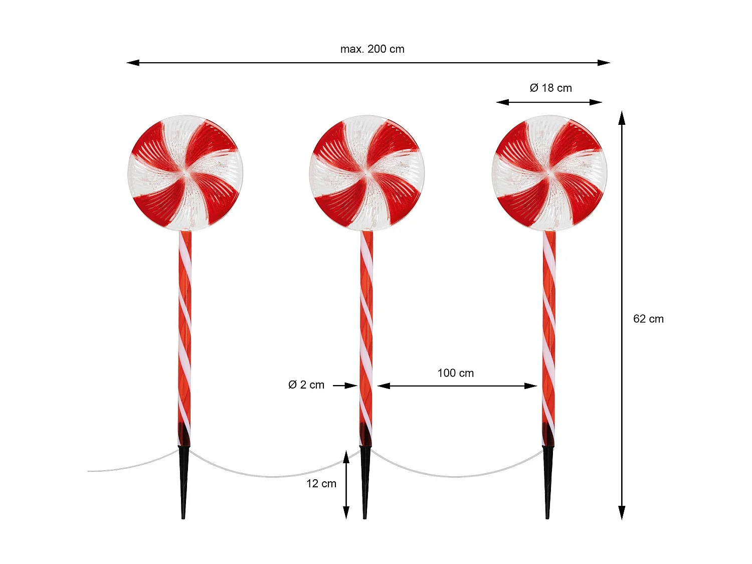 ECD Germany 3er Set LED Lollipop-Weihnachtsweg Aussen, 60LED 3m, Batteriebetrieben, Timer, Lutscher Weihnachtsbeleuchtung Gartenleuchte Zuckerstangen