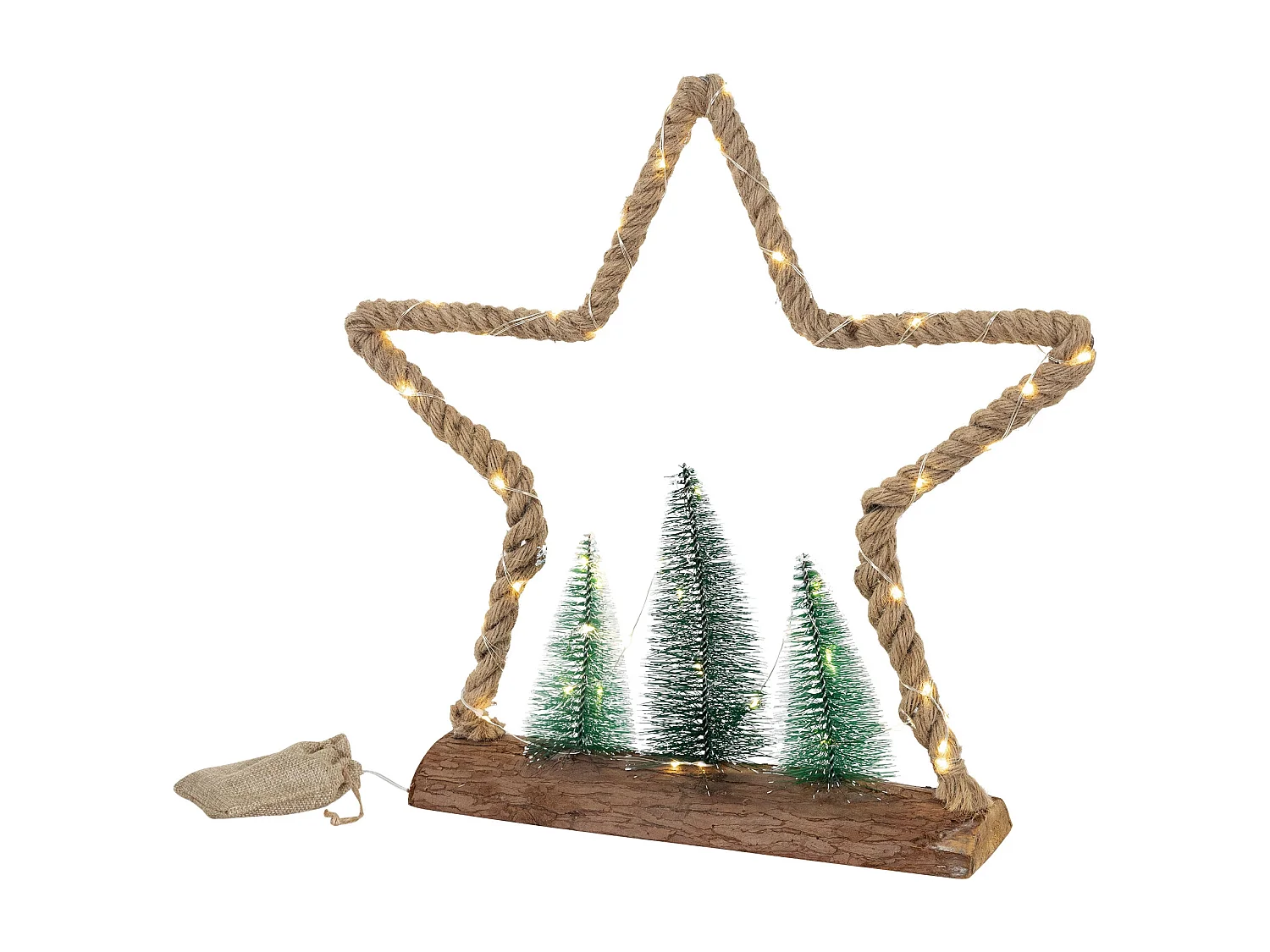 Stella di Natale di juta con 3 abeti 45 LED bianco caldo decorazione ornamento