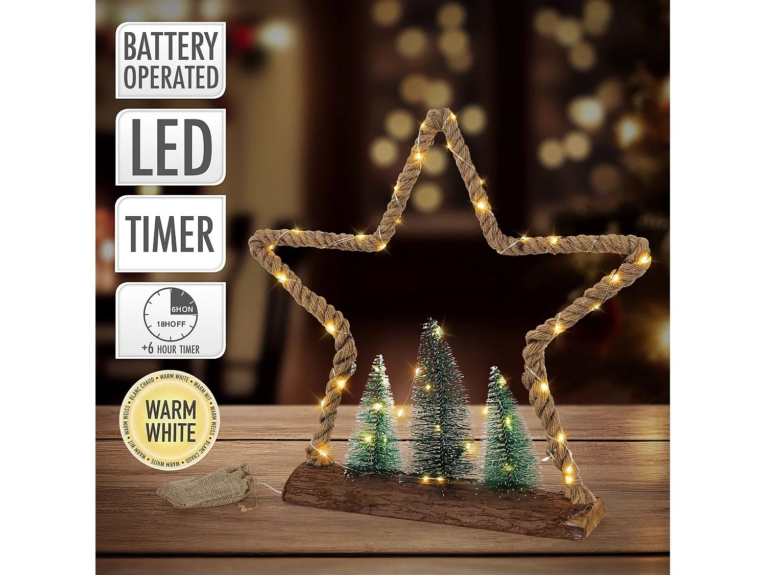 Stella di Natale di juta con 3 abeti 45 LED bianco caldo decorazione ornamento