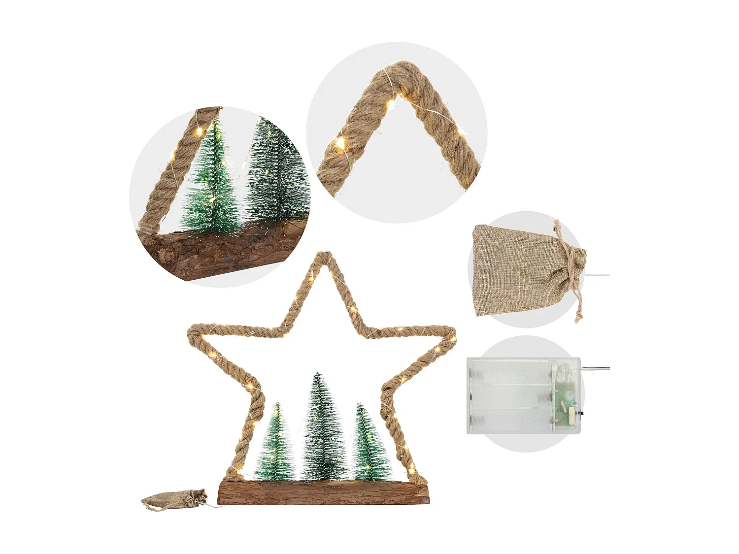 Stella di Natale di juta con 3 abeti 45 LED bianco caldo decorazione ornamento