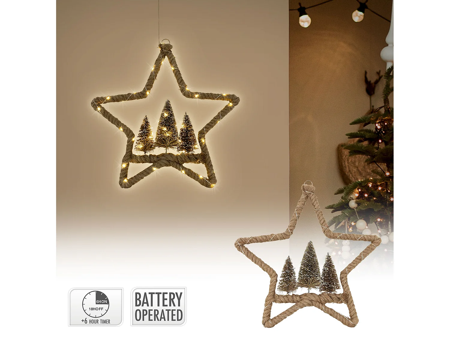 LED Étoile de jute avec 3 sapins décoration lumineuse de Noël suspendue 40 cm