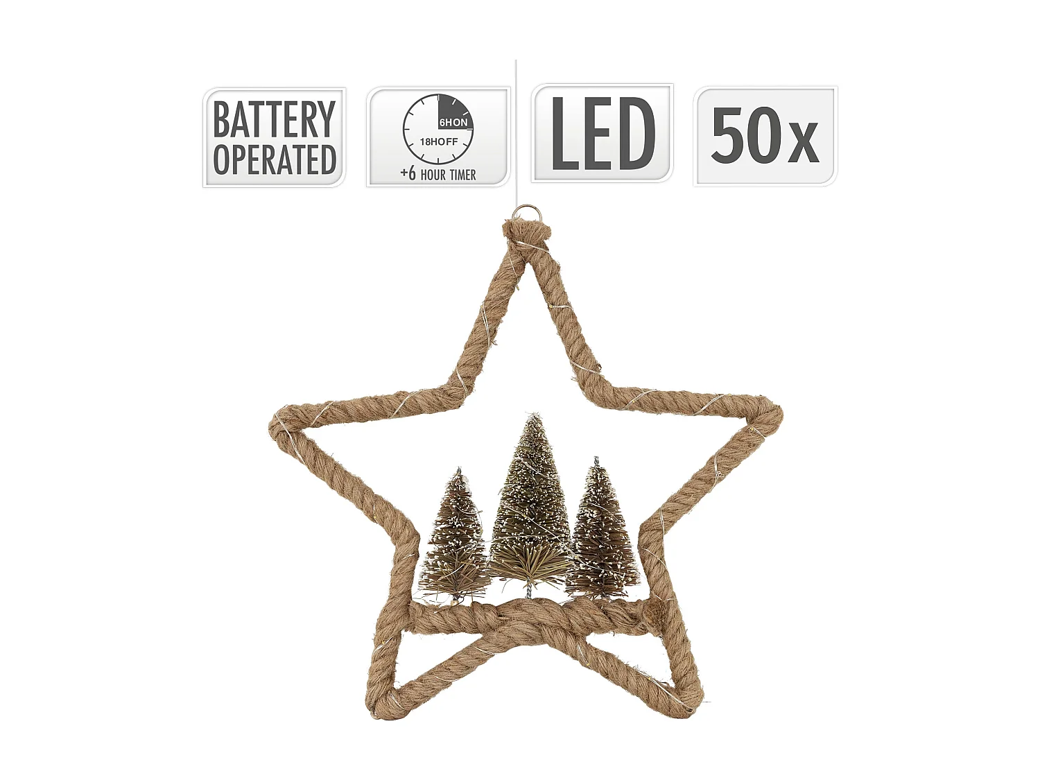 LED Étoile de jute avec 3 sapins décoration lumineuse de Noël suspendue 40 cm