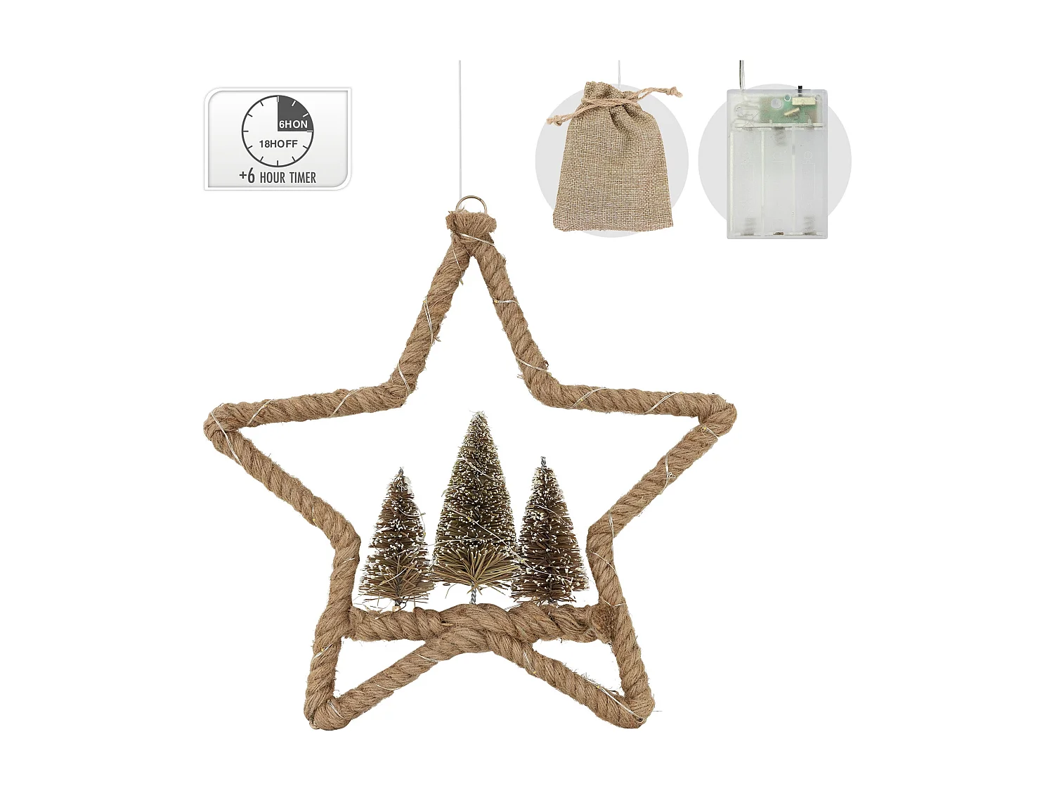 LED Étoile de jute avec 3 sapins décoration lumineuse de Noël suspendue 40 cm