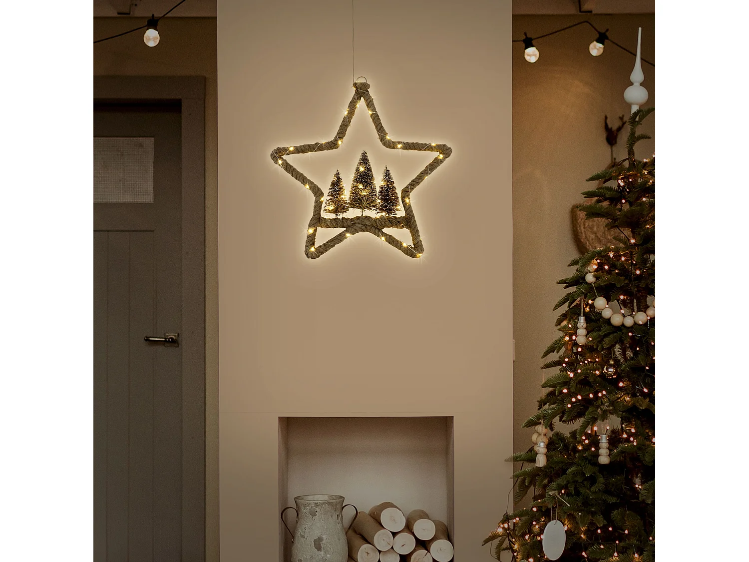 LED Étoile de jute avec 3 sapins décoration lumineuse de Noël suspendue 40 cm