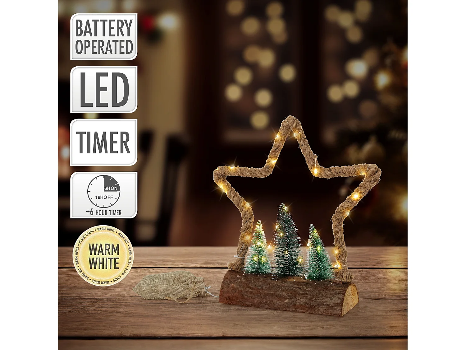 Estrella navidad colgante con 3 abetos 30 LEDs copo nieve decoración navideña