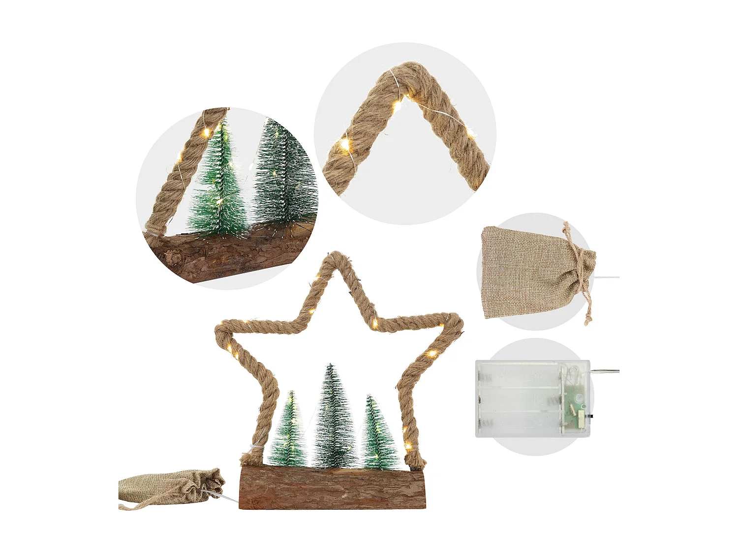 Estrella navidad colgante con 3 abetos 30 LEDs copo nieve decoración navideña