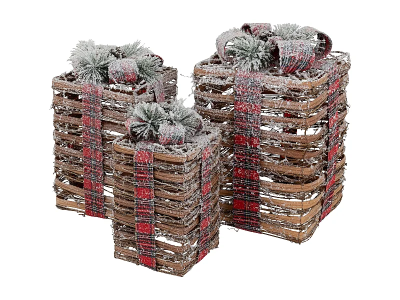 Set decorativo de 3 cajas de regalo con luces LED de ratán marrón para navidad