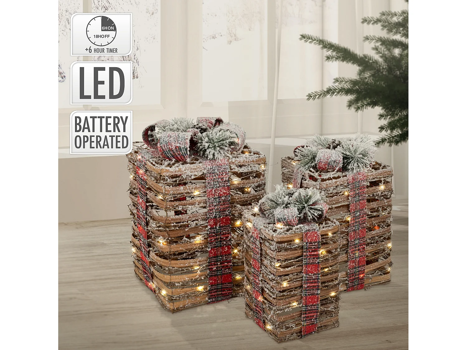 Set di 3 scatole regalo a LED in rattan timer decorazione natalizia bianco caldo