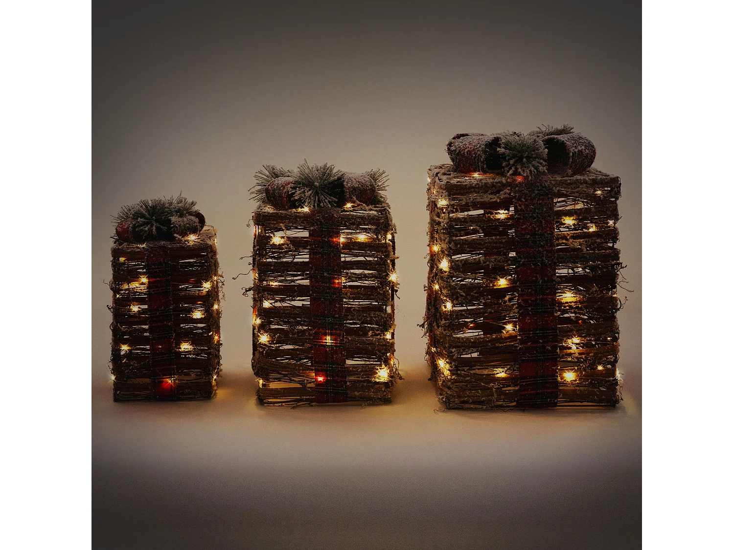 Set di 3 scatole regalo a LED in rattan timer decorazione natalizia bianco caldo