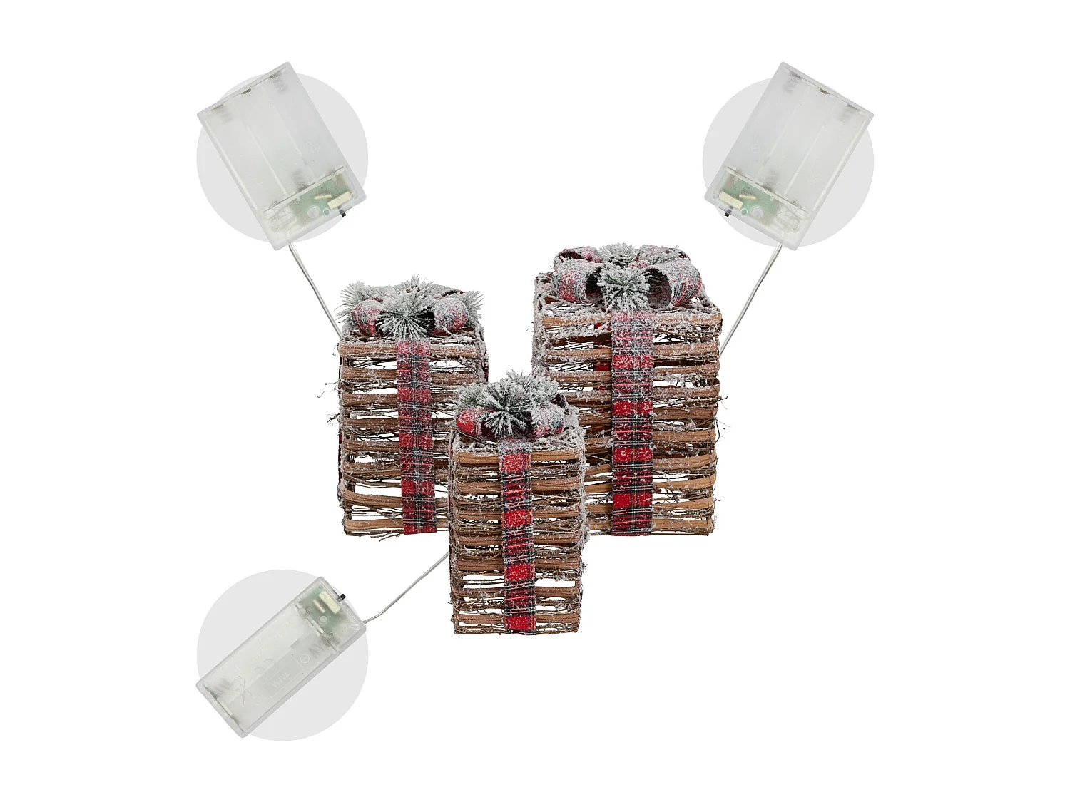 Lot de 3 boîtes cadeaux LED en rotin éclaraige blanc chaud décoration de Noël
