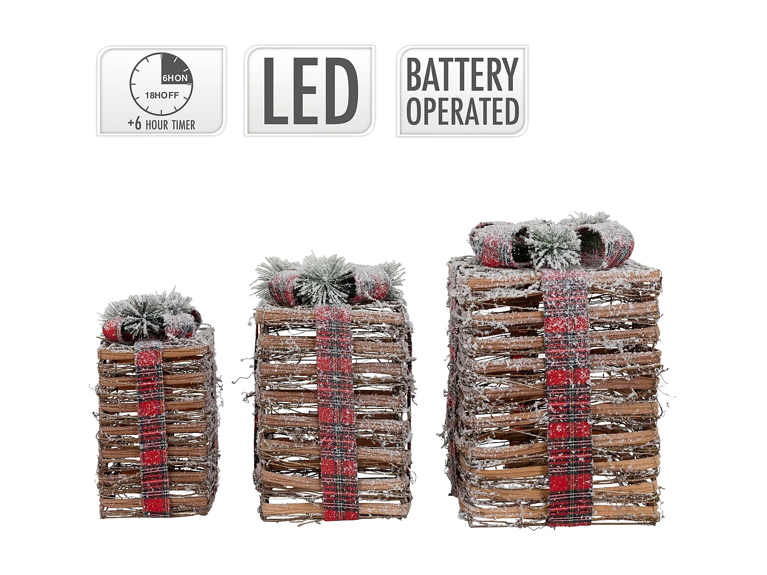 Lot de 3 boîtes cadeaux LED en rotin éclaraige blanc chaud décoration de Noël