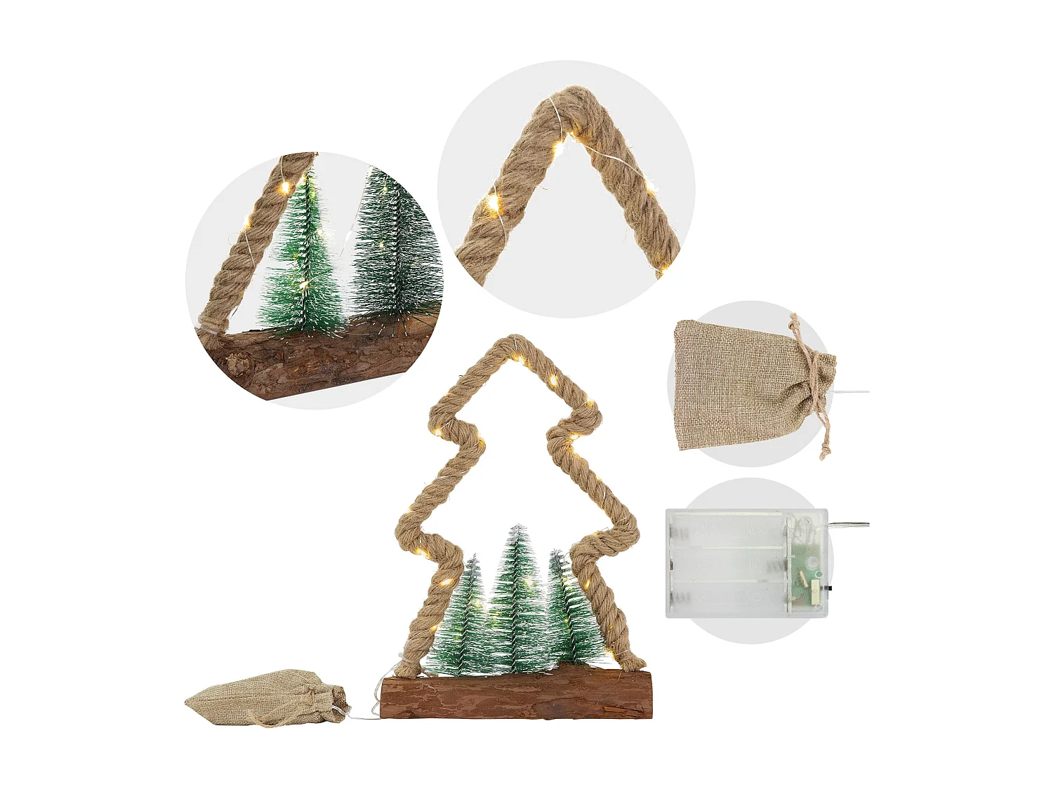 Albero di juta illuminazione a LED ornamento Natale 30 LED bianco caldo 3 abeti