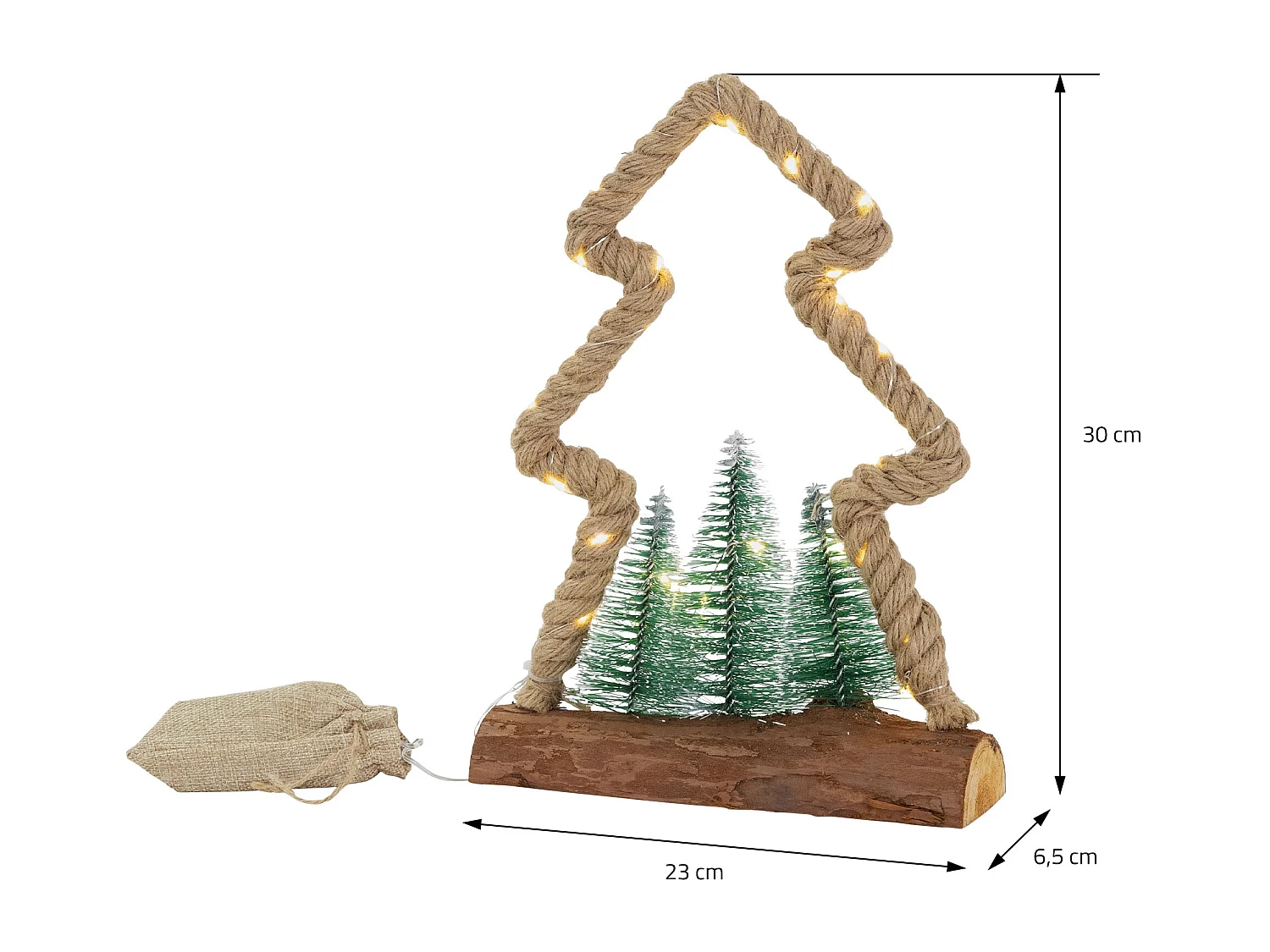 Albero di juta illuminazione a LED ornamento Natale 30 LED bianco caldo 3 abeti