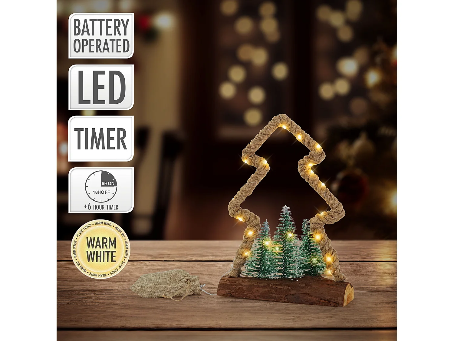Albero di juta illuminazione a LED ornamento Natale 30 LED bianco caldo 3 abeti