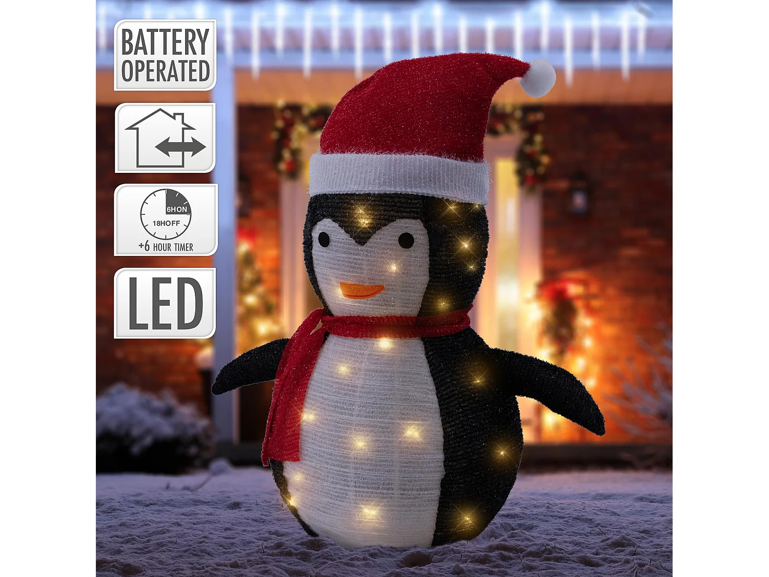 Pinguino di Natale LED con cappello e sciarpa 68 cm figurina giardino d'inverno