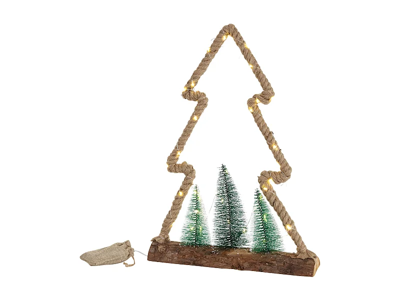 Árbol de yute con 3 abetos iluminación 45LED decoración interior navidad a pilas