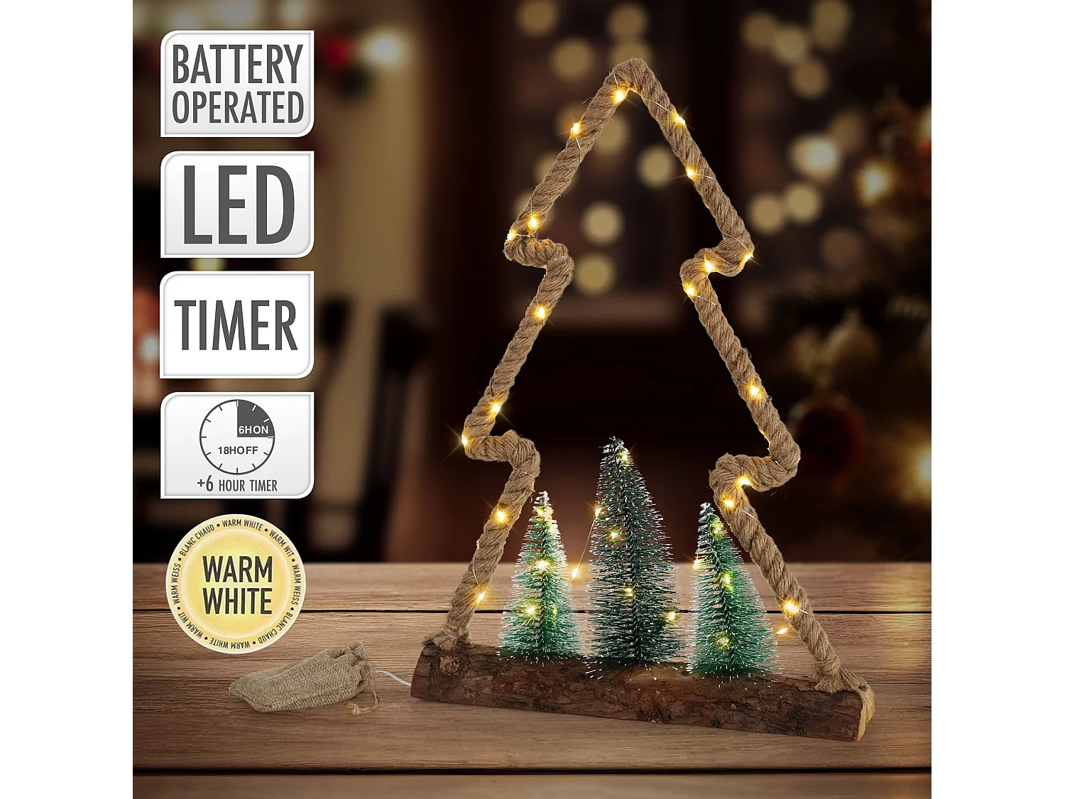 Árbol de yute con 3 abetos iluminación 45LED decoración interior navidad a pilas