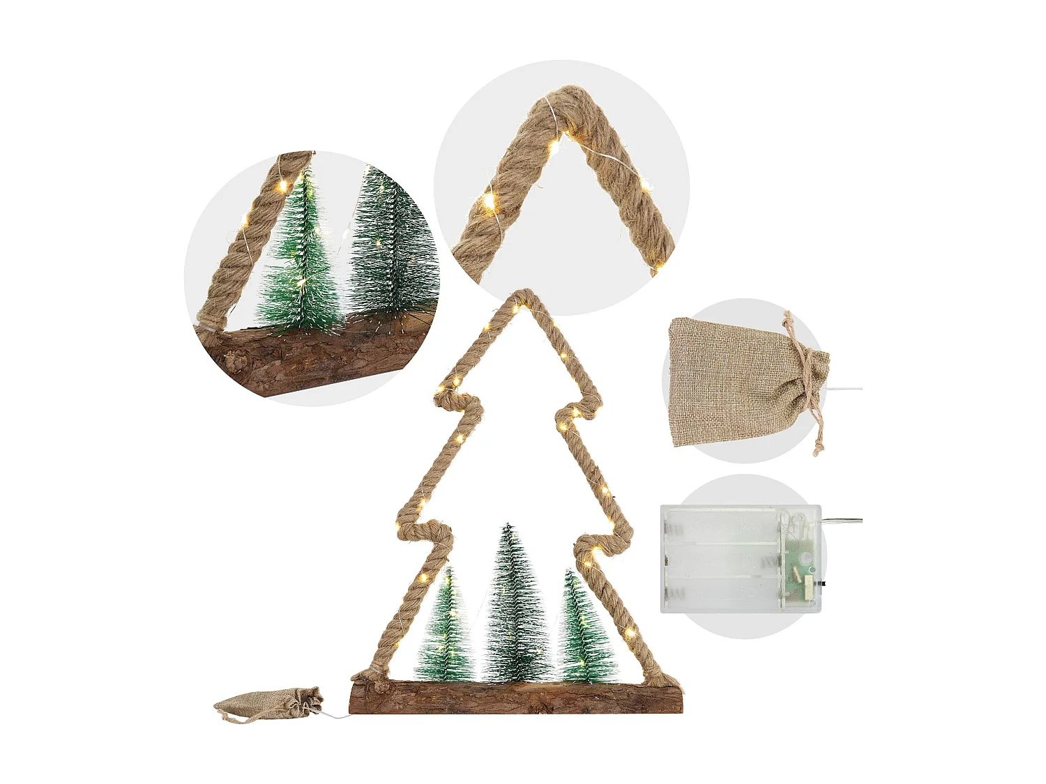 Árbol de yute con 3 abetos iluminación 45LED decoración interior navidad a pilas
