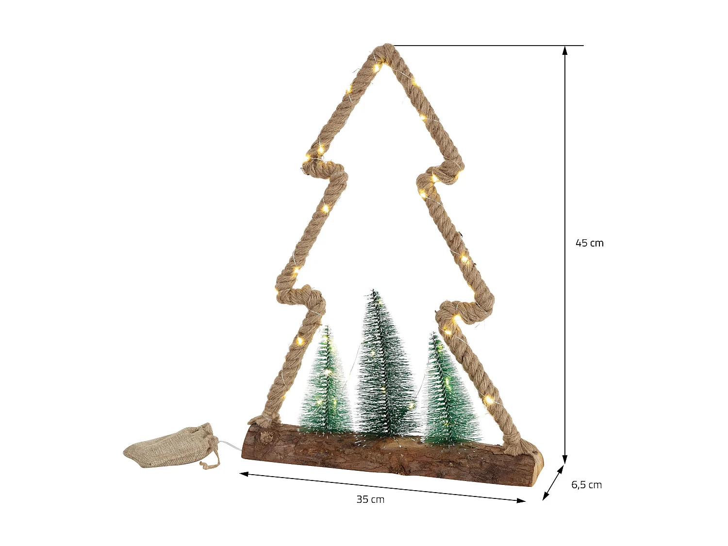 Árbol de yute con 3 abetos iluminación 45LED decoración interior navidad a pilas