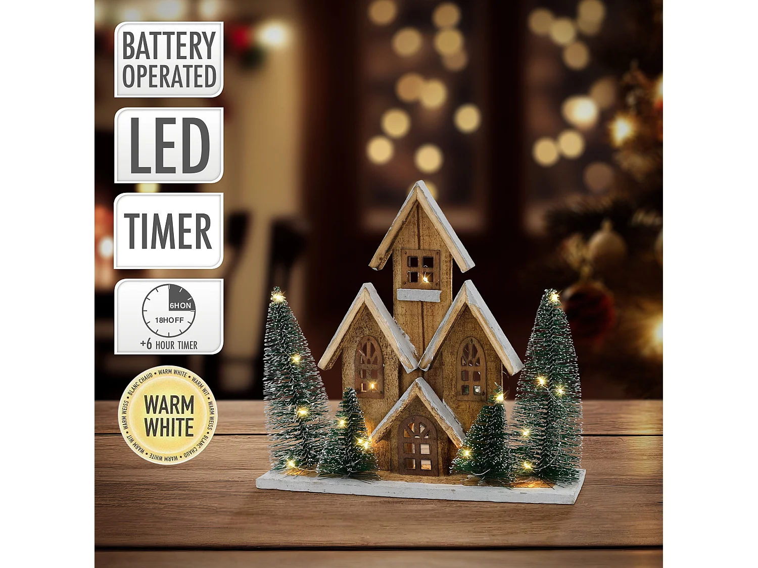 Maison de Noël LED décoration d'hiver en bois lumière blanc chaud sans piles