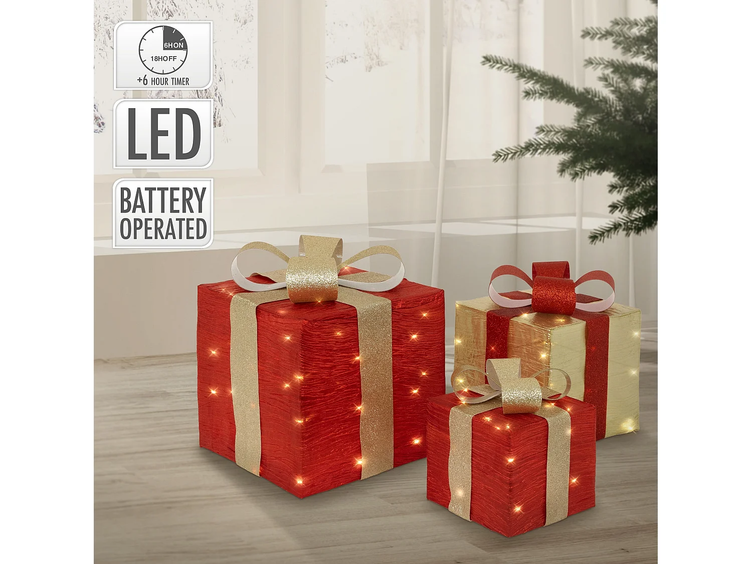 Set decorativo de 3 cajas de regalo con luces 90 LEDs rojo dorado para navidad