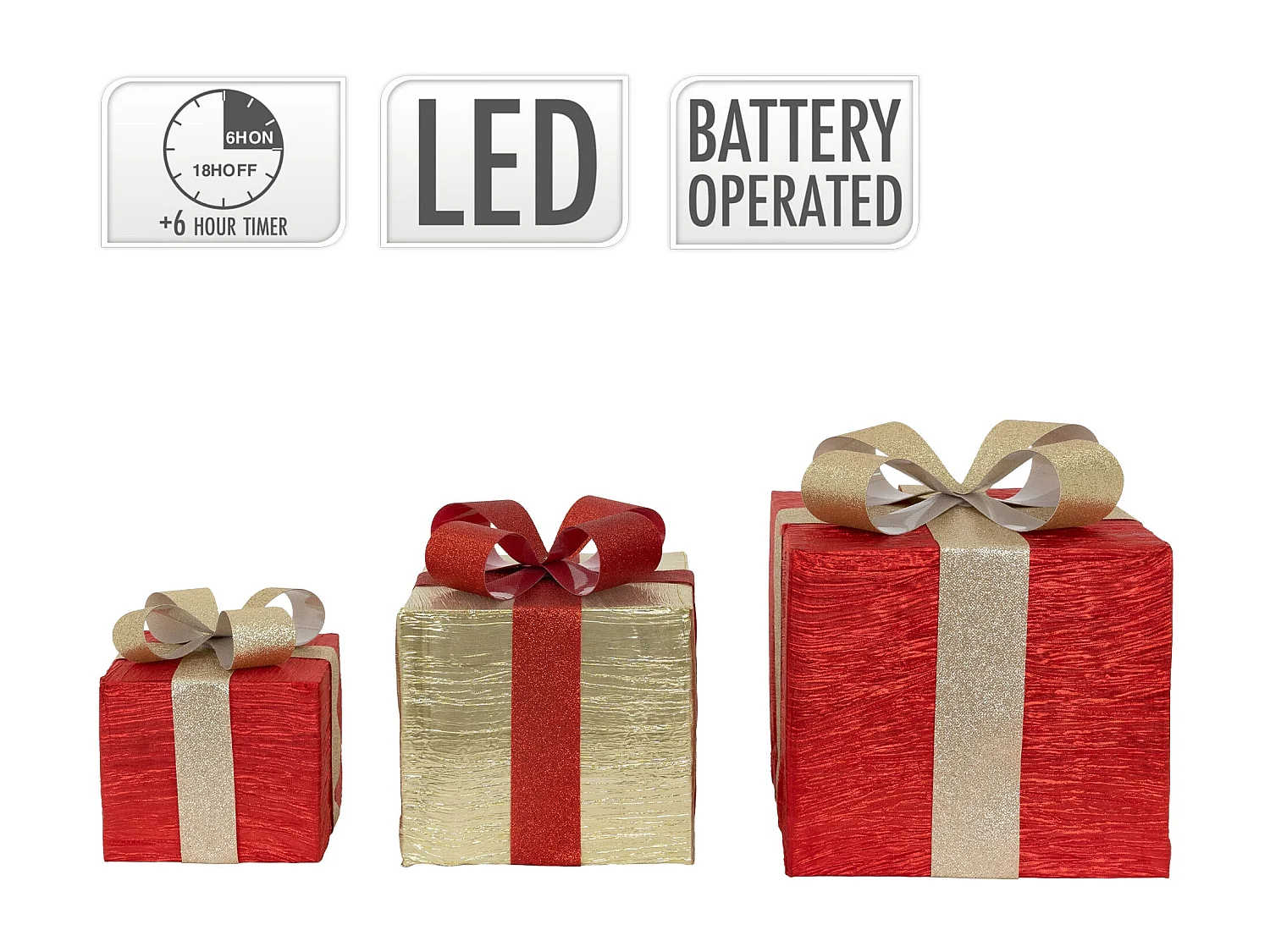 Set decorativo de 3 cajas de regalo con luces 90 LEDs rojo dorado para navidad