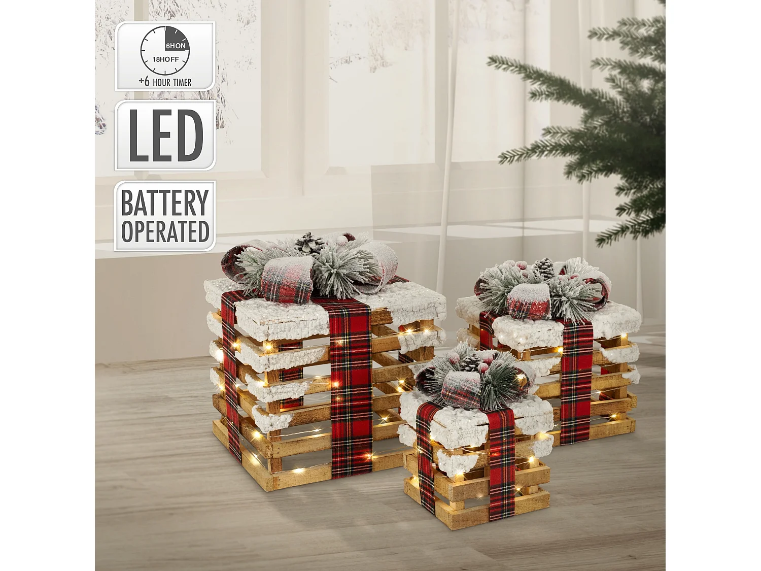 Set 3 scatole regalo a LED illuminazione natalizia marrone con timer decorazione