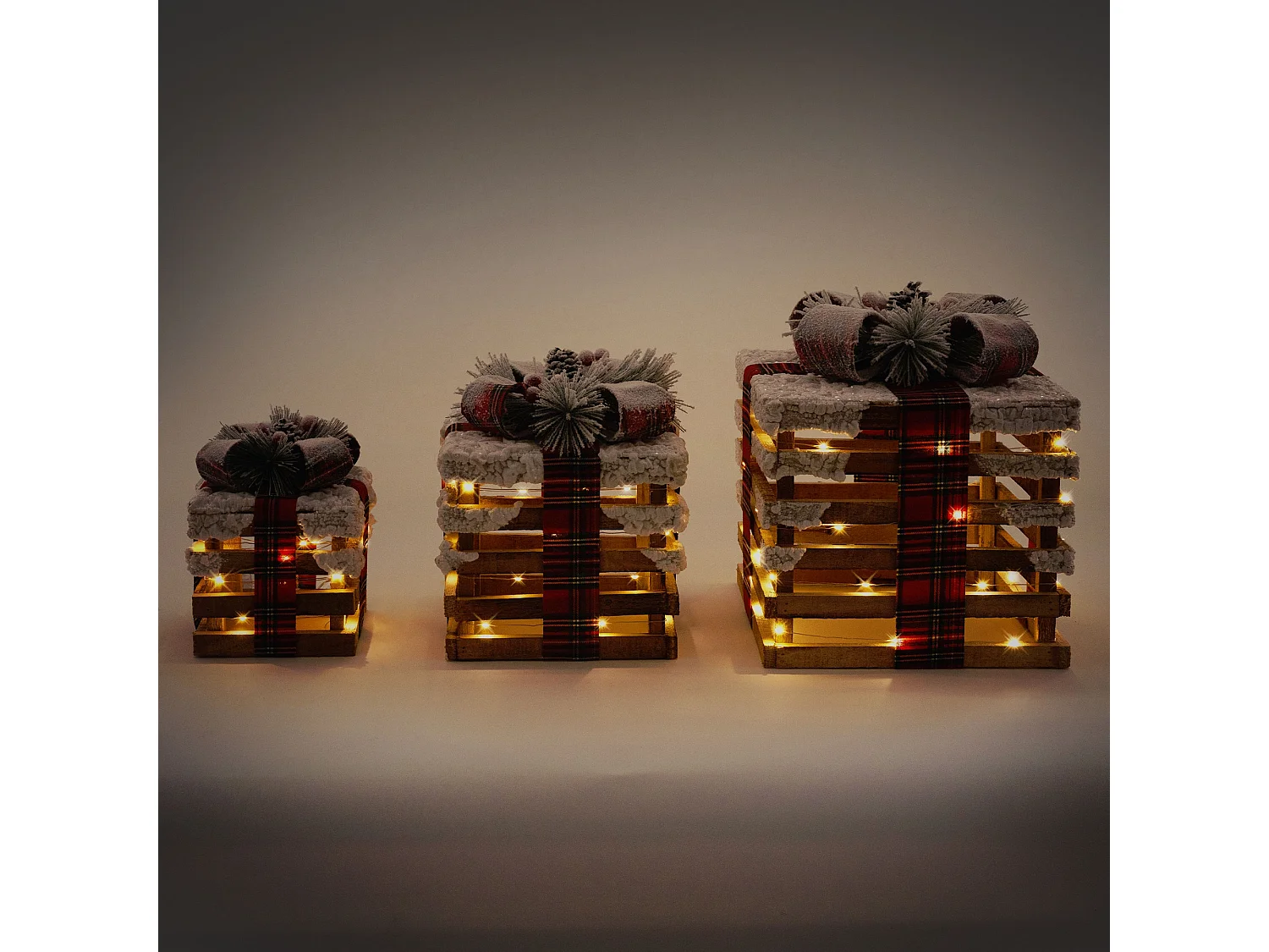 Set 3 scatole regalo a LED illuminazione natalizia marrone con timer decorazione