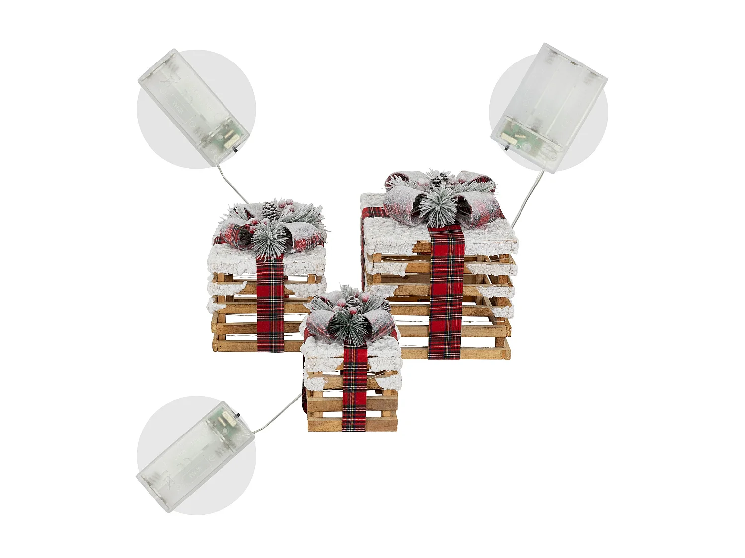 3x Boîtes cadeaux en bois éclairées par LED avec minuterie décoration de Noël