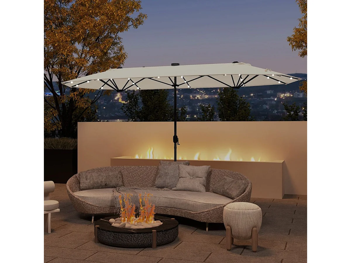 Parasol Double de Jardin 400 x 200 CM avec LED à Énergie Solaire, Grande Couverture, Tissu Enduit Durable et Base Robuste pour Cour Patio Piscine (Beige)