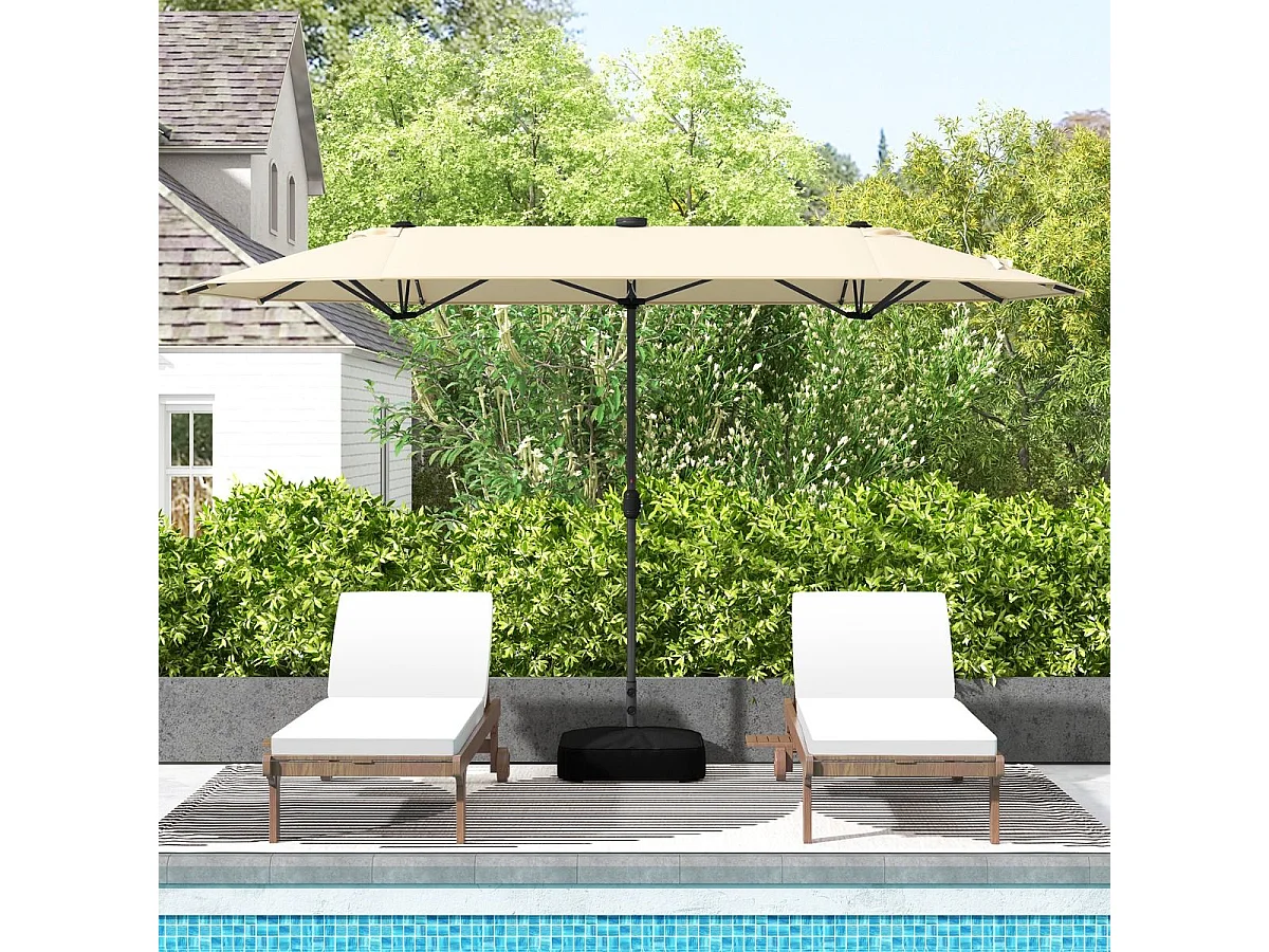 Parasol Double de Jardin 400 x 200 CM avec LED à Énergie Solaire, Grande Couverture, Tissu Enduit Durable et Base Robuste pour Cour Patio Piscine (Beige)